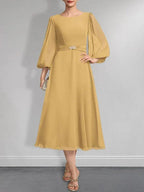A-line Scoop Tea-Length Chiffon Mother of the Bride Dress With Crystal Brooch Pleated by Dreamylily