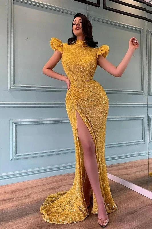 Long Sequined High Neck Beaded Mermaid Prom Dress With Split by BIZTUNNEL