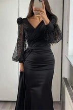 Long Sleeves V-neck Satin Mermaid Prom Dresses with Split by BIZTUNNEL