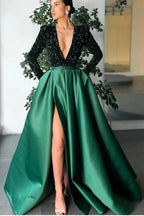 Long Sleeves Mermaid V-Neck Sequins Satin Prom Dress with Split by BIZTUNNEL