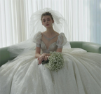 Glittering Ball Gown Deep V-Neck Tulle Wedding Dress with Beaded Embroidery & Puff Sleeves 6021-1 by ZAPDRESS