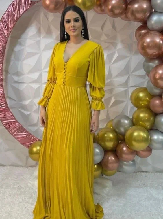 Womens A-line Pleated Prom Dress Yellow Evening Dress Y6305 by simplepromdress