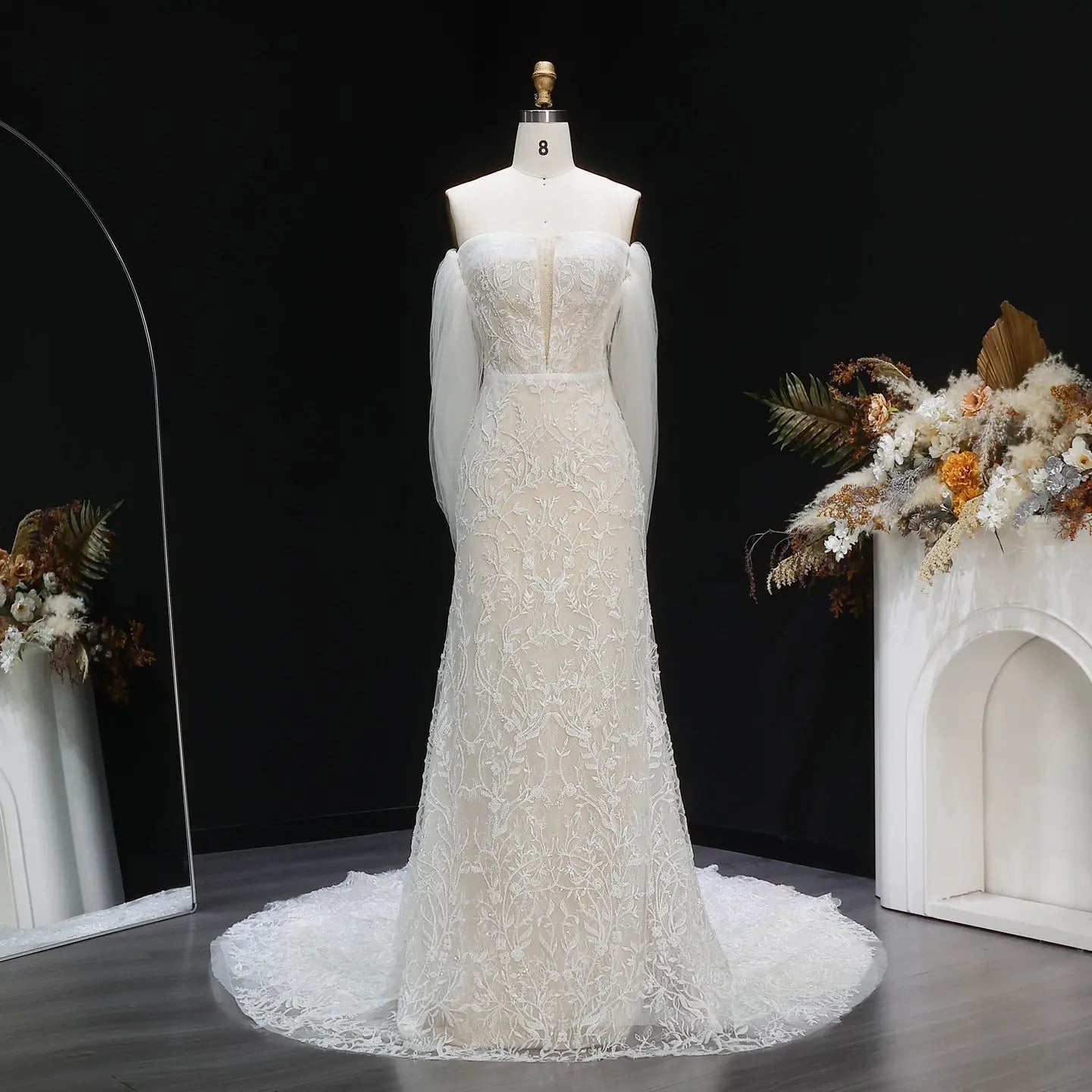White Nude Lace Mermaid Wedding Dress Luxury Beaded Sequins   Tulle Gloves SW161