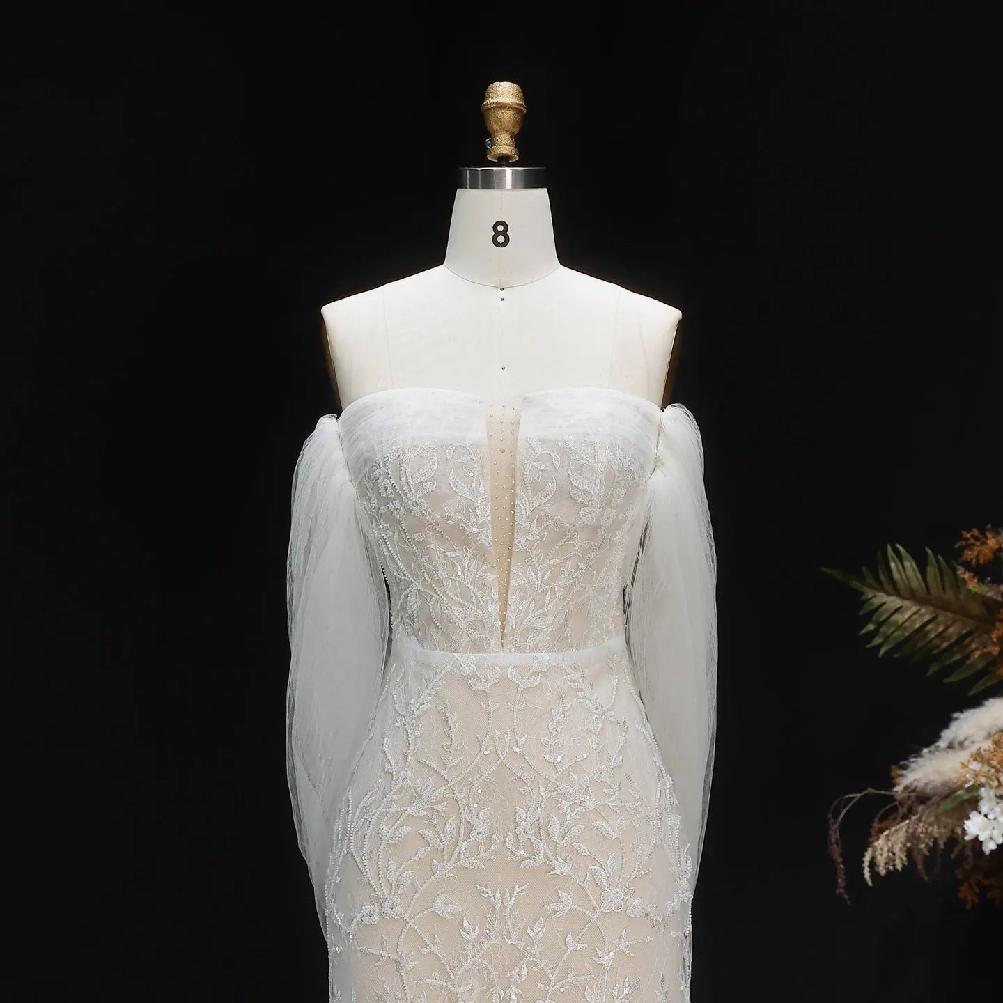 White Nude Lace Mermaid Wedding Dress Luxury Beaded Sequins   Tulle Gloves SW161