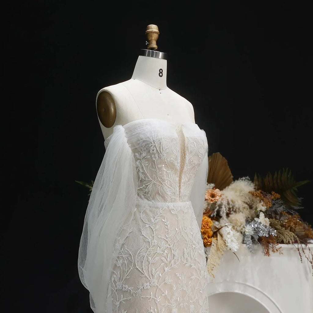 White Nude Lace Mermaid Wedding Dress Luxury Beaded Sequins   Tulle Gloves SW161