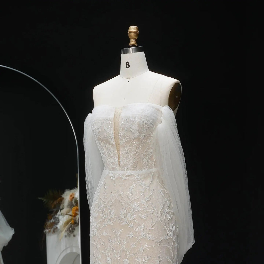 White Nude Lace Mermaid Wedding Dress Luxury Beaded Sequins   Tulle Gloves SW161