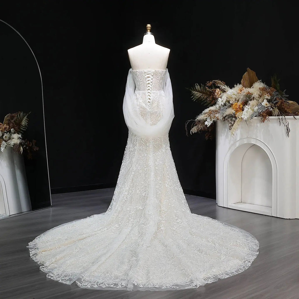 White Nude Lace Mermaid Wedding Dress Luxury Beaded Sequins   Tulle Gloves SW161