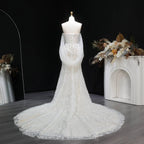 White Nude Lace Mermaid Wedding Dress Luxury Beaded Sequins   Tulle Gloves SW161