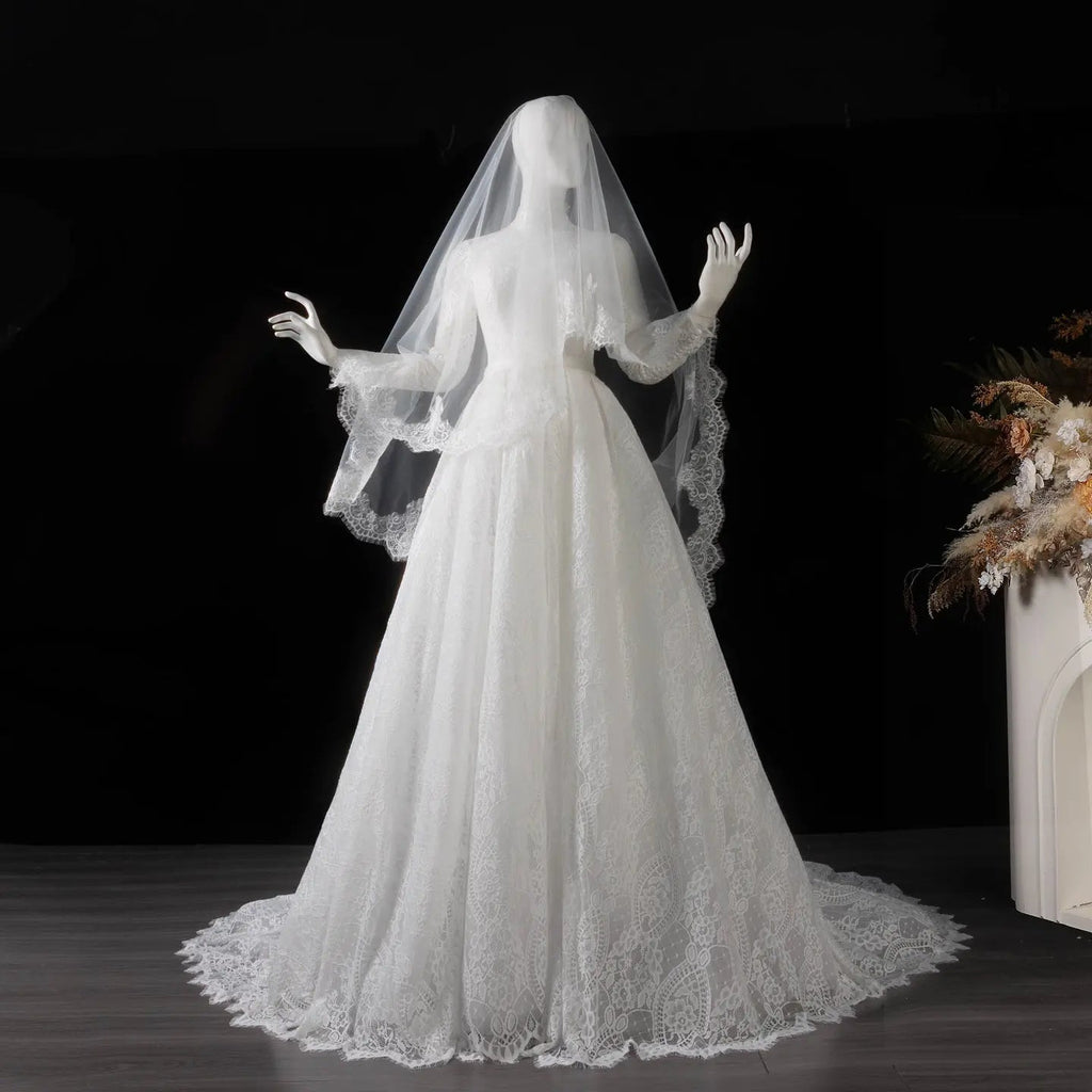 Luxury High Neck Lace Wedding Dress with Overskirt SW541