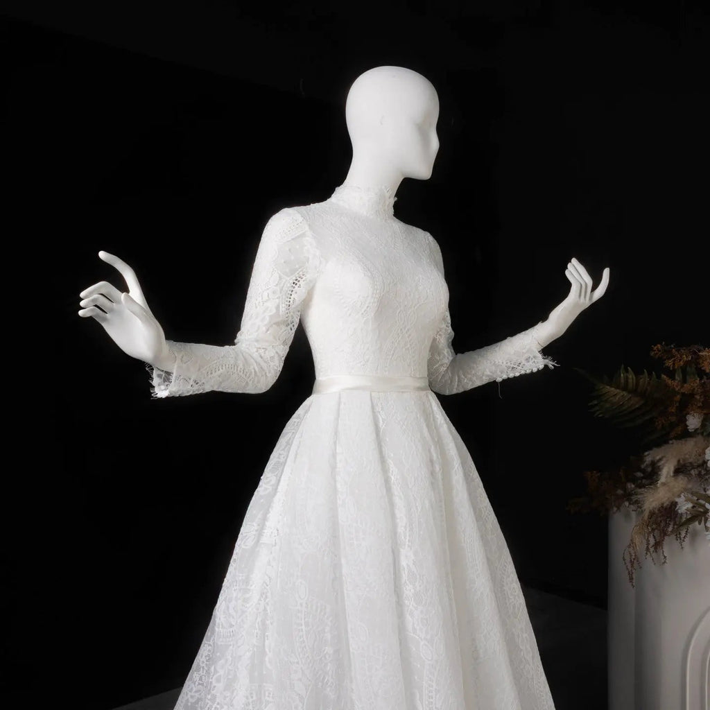 Luxury High Neck Lace Wedding Dress with Overskirt SW541