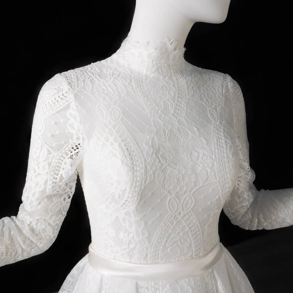 Luxury High Neck Lace Wedding Dress with Overskirt SW541
