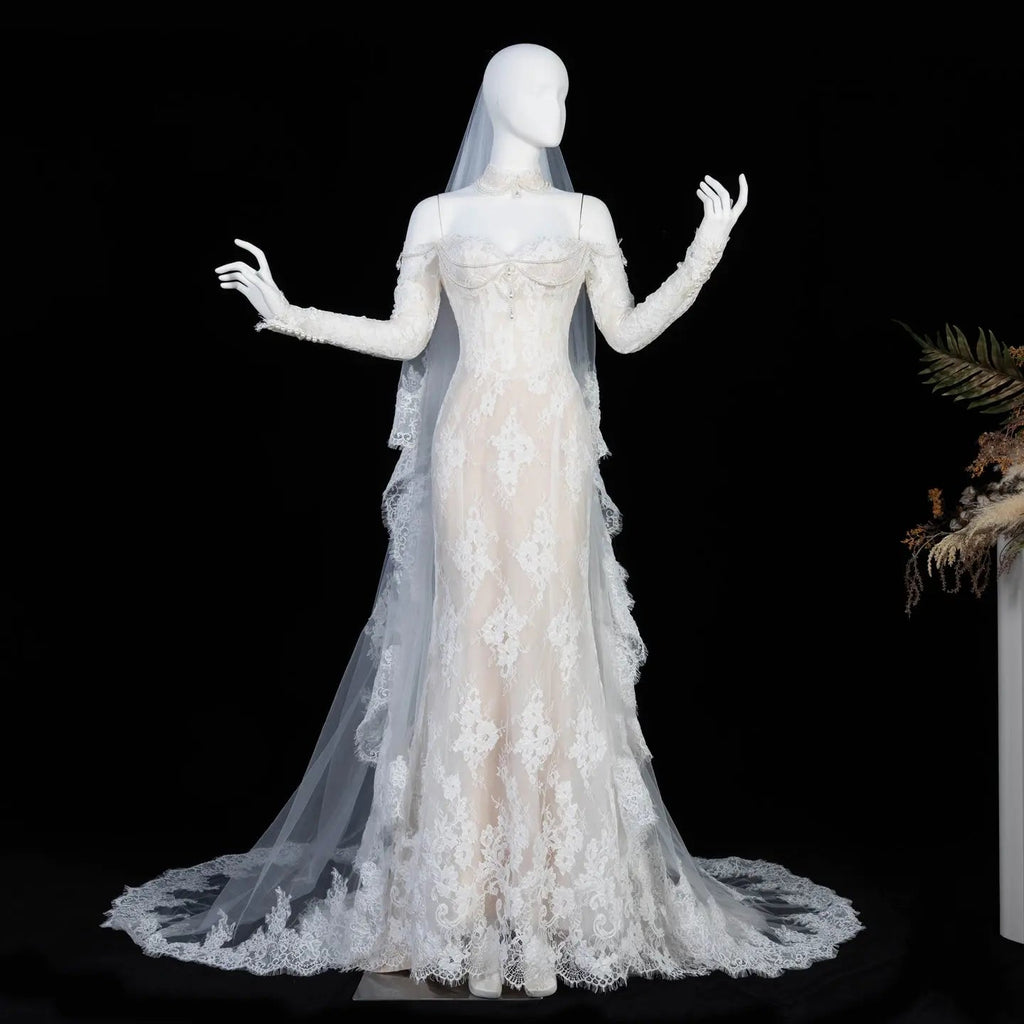 Elegant Ivory Sweetheart Neckline Sheer Lace Mermaid Wedding Dress with Veil SW171