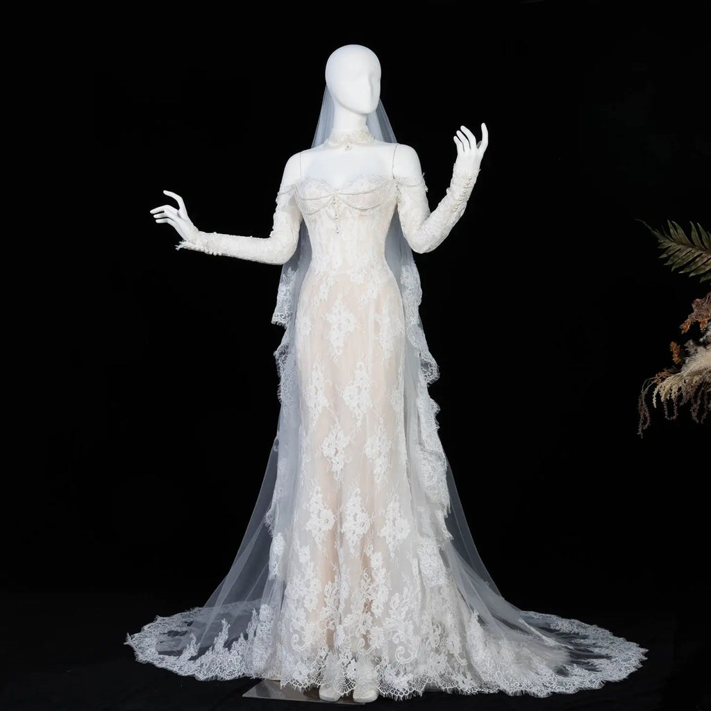 Elegant Ivory Sweetheart Neckline Sheer Lace Mermaid Wedding Dress with Veil SW171