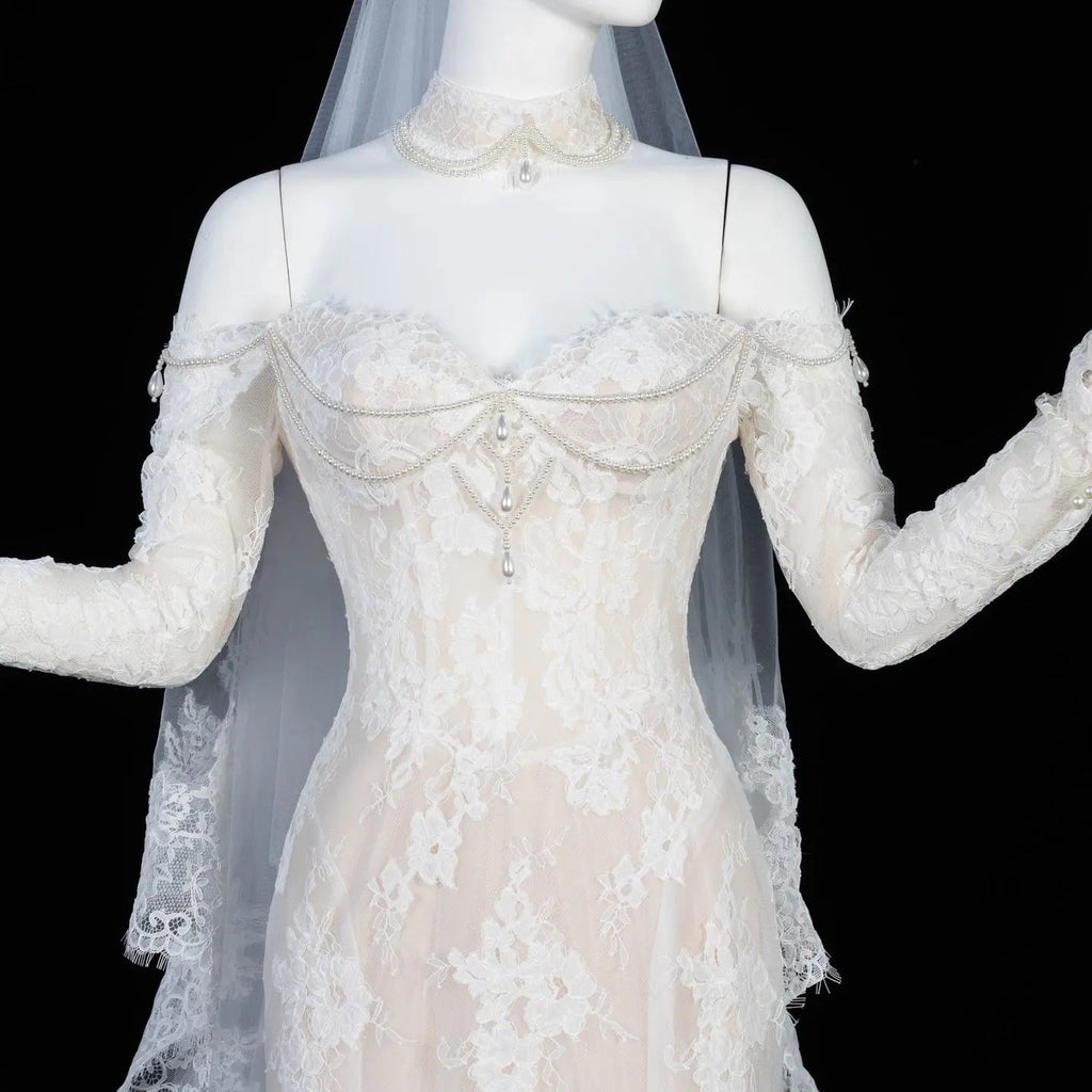 Elegant Ivory Sweetheart Neckline Sheer Lace Mermaid Wedding Dress with Veil SW171