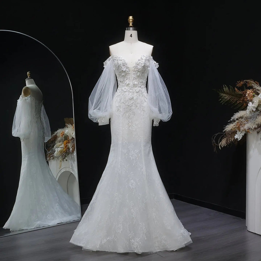 White  Off‑The‑Shoulder Puff Sleeve 3D Floral Mermaid Wedding Dress SW630