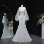 White  Off‑The‑Shoulder Puff Sleeve 3D Floral Mermaid Wedding Dress SW630