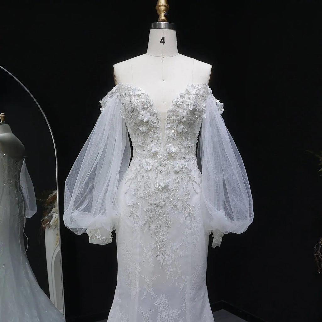 White  Off‑The‑Shoulder Puff Sleeve 3D Floral Mermaid Wedding Dress SW630