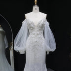 White  Off‑The‑Shoulder Puff Sleeve 3D Floral Mermaid Wedding Dress SW630