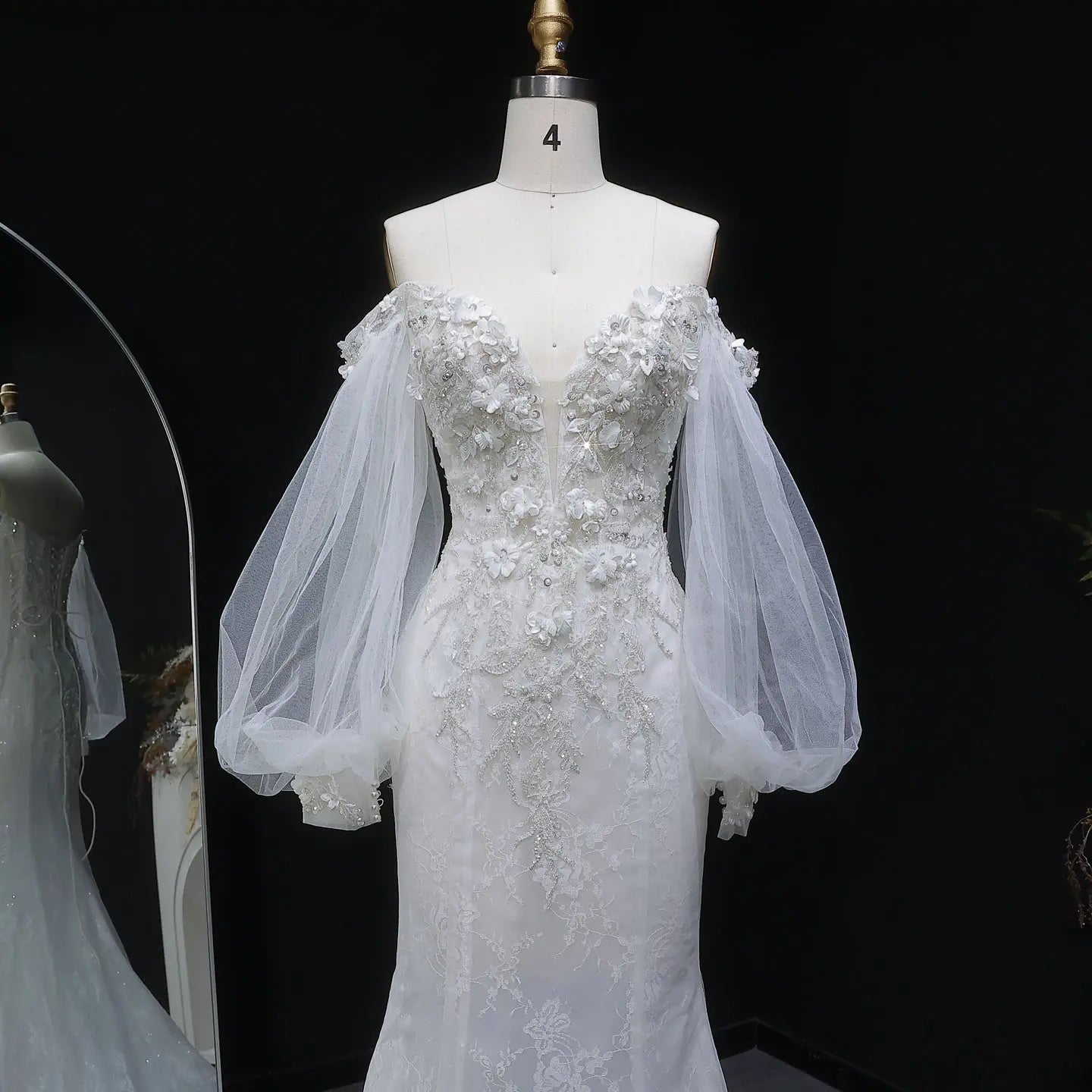 White  Off‑The‑Shoulder Puff Sleeve 3D Floral Mermaid Wedding Dress SW630