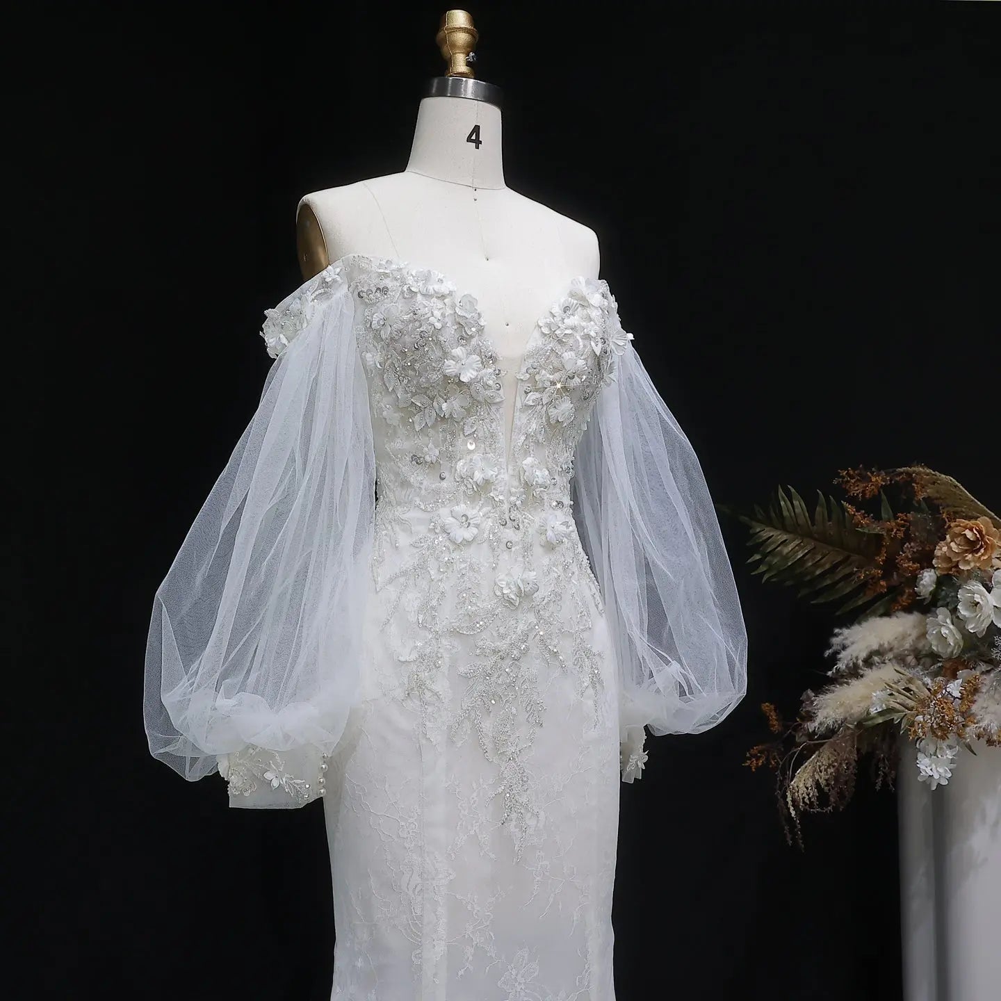 White  Off‑The‑Shoulder Puff Sleeve 3D Floral Mermaid Wedding Dress SW630