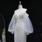White  Off‑The‑Shoulder Puff Sleeve 3D Floral Mermaid Wedding Dress SW630