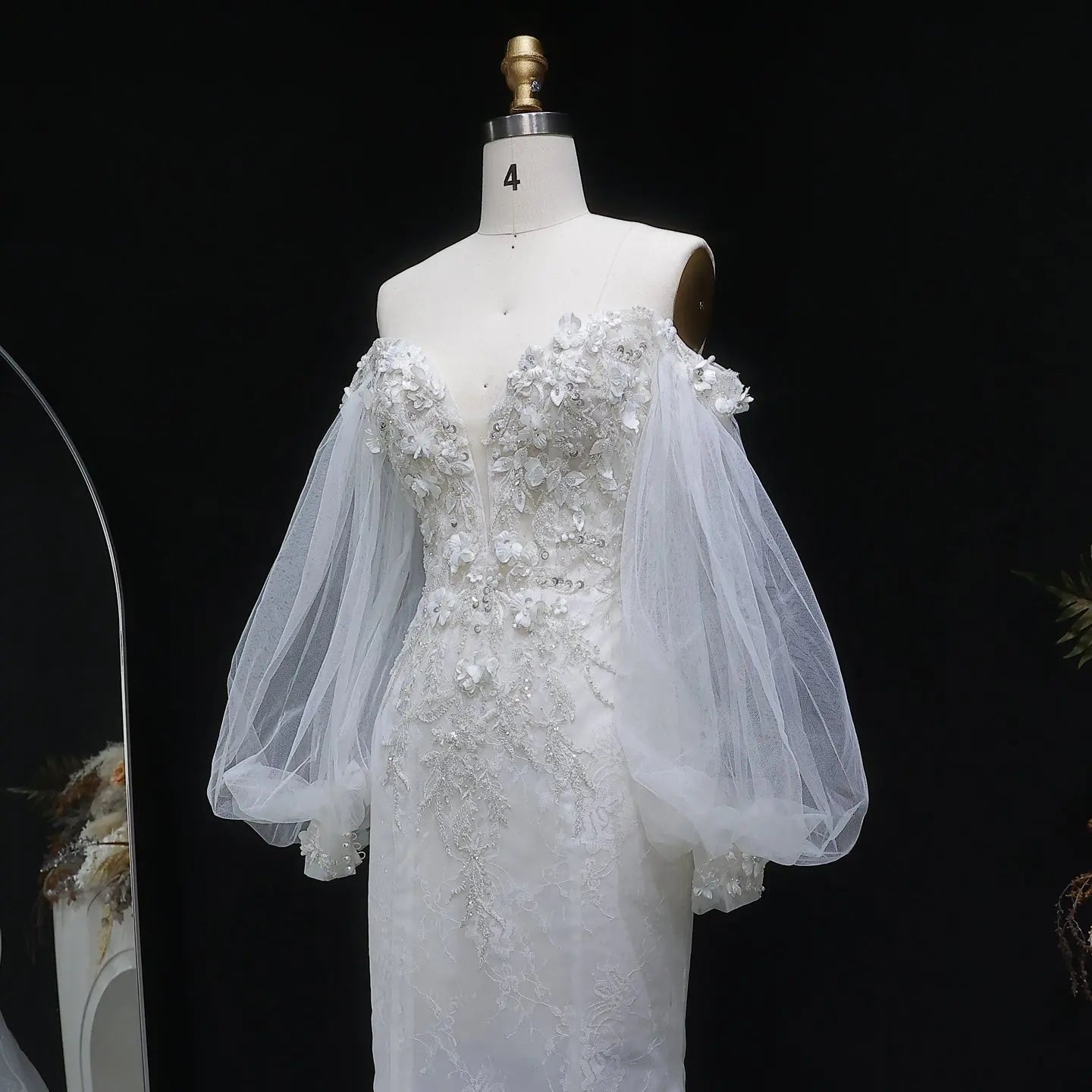 White  Off‑The‑Shoulder Puff Sleeve 3D Floral Mermaid Wedding Dress SW630