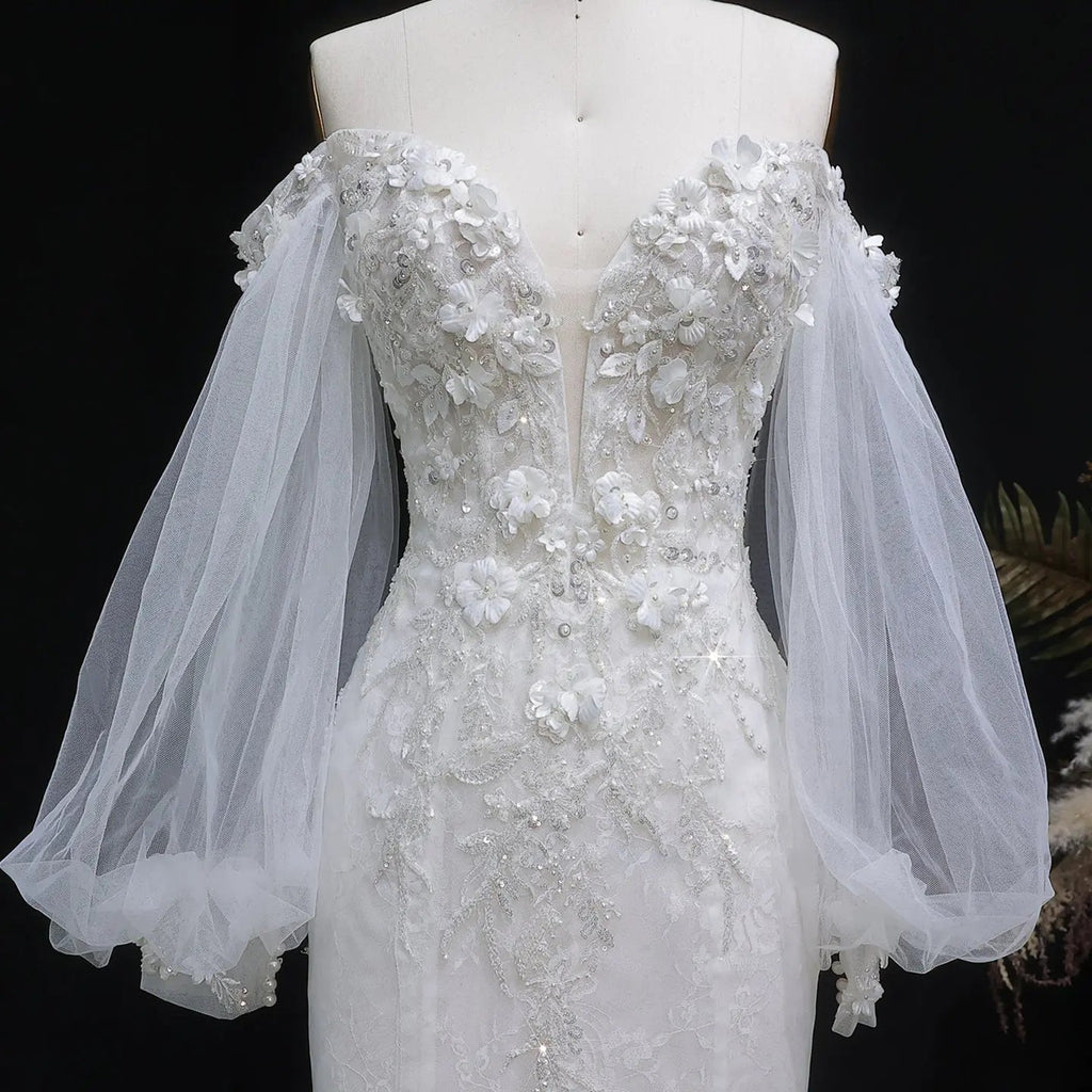 White  Off‑The‑Shoulder Puff Sleeve 3D Floral Mermaid Wedding Dress SW630