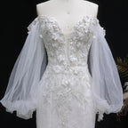 White  Off‑The‑Shoulder Puff Sleeve 3D Floral Mermaid Wedding Dress SW630