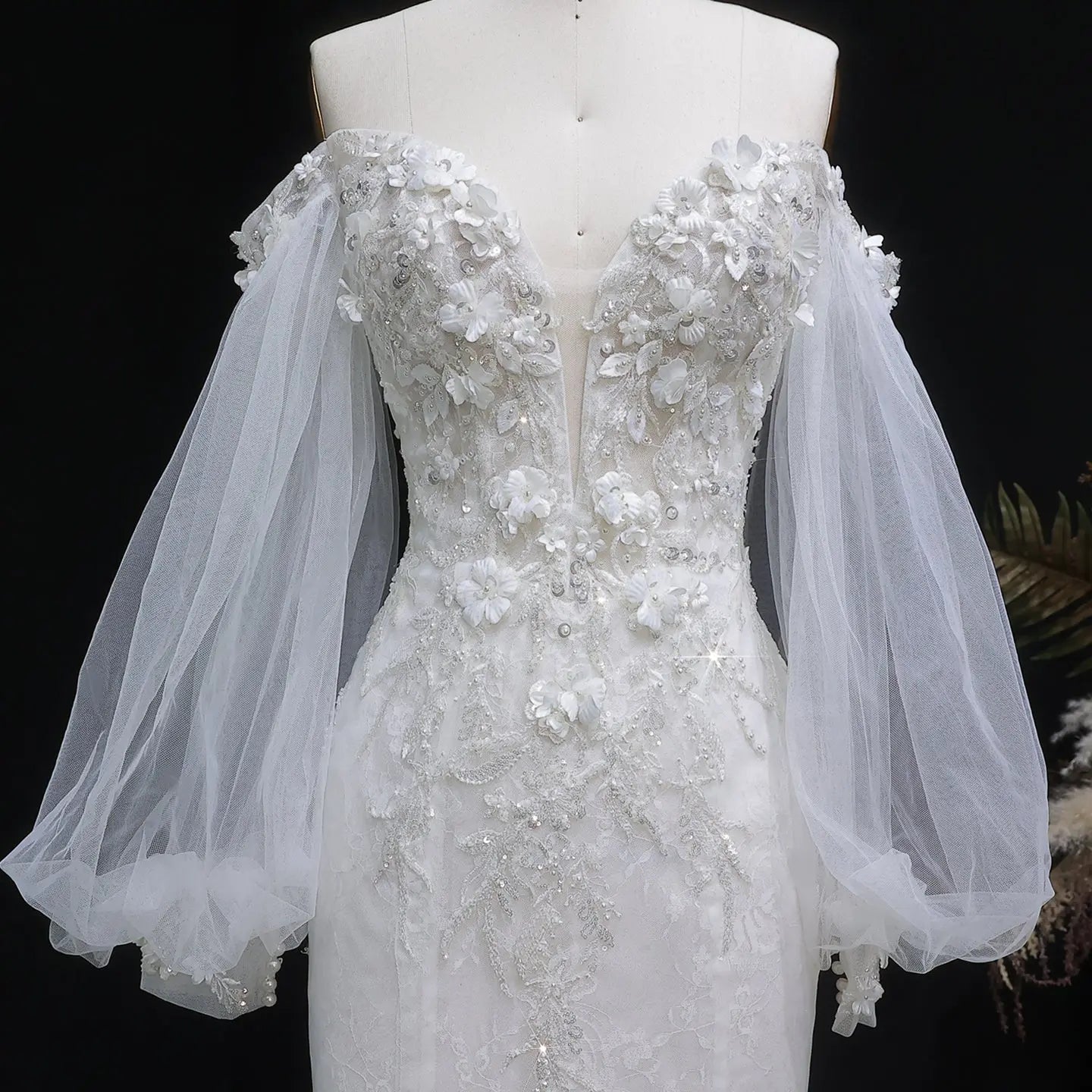 White  Off‑The‑Shoulder Puff Sleeve 3D Floral Mermaid Wedding Dress SW630