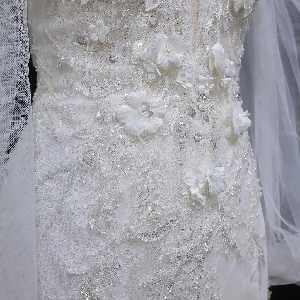 White  Off‑The‑Shoulder Puff Sleeve 3D Floral Mermaid Wedding Dress SW630