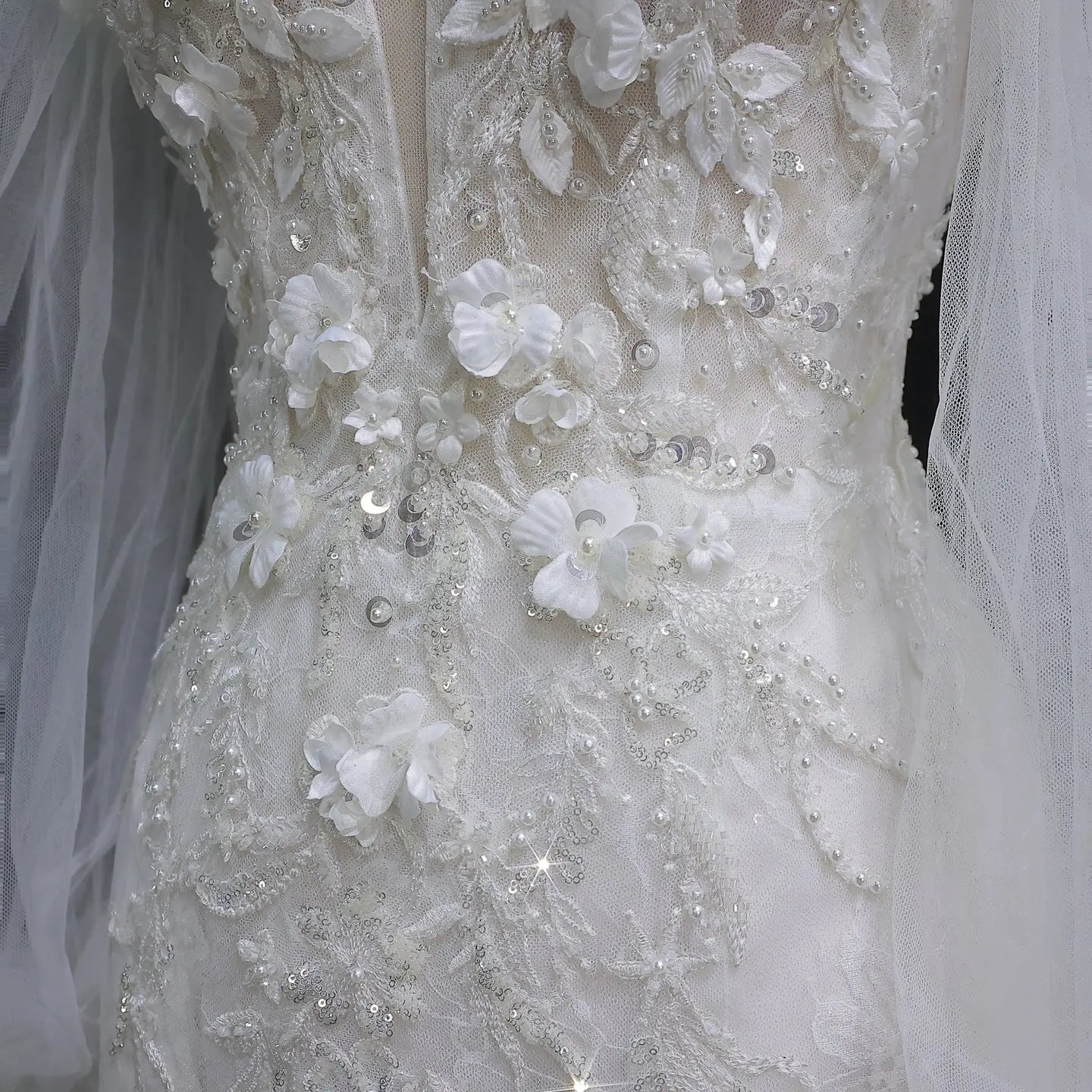 White  Off‑The‑Shoulder Puff Sleeve 3D Floral Mermaid Wedding Dress SW630