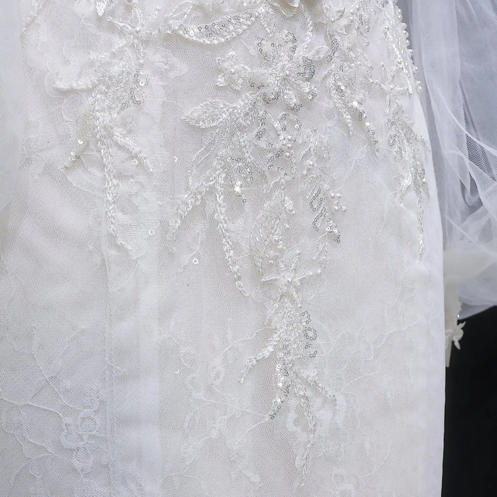 White  Off‑The‑Shoulder Puff Sleeve 3D Floral Mermaid Wedding Dress SW630