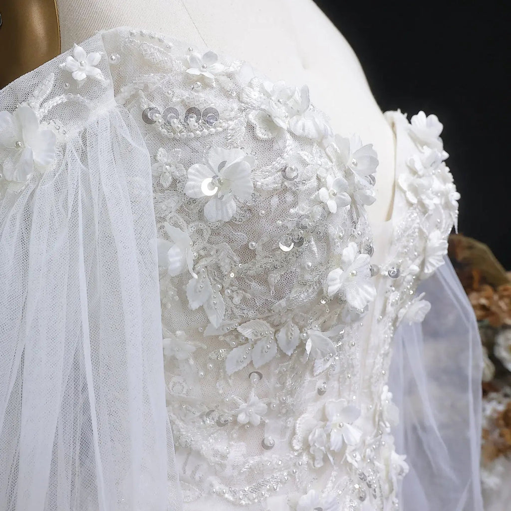 White  Off‑The‑Shoulder Puff Sleeve 3D Floral Mermaid Wedding Dress SW630