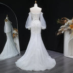 White  Off‑The‑Shoulder Puff Sleeve 3D Floral Mermaid Wedding Dress SW630