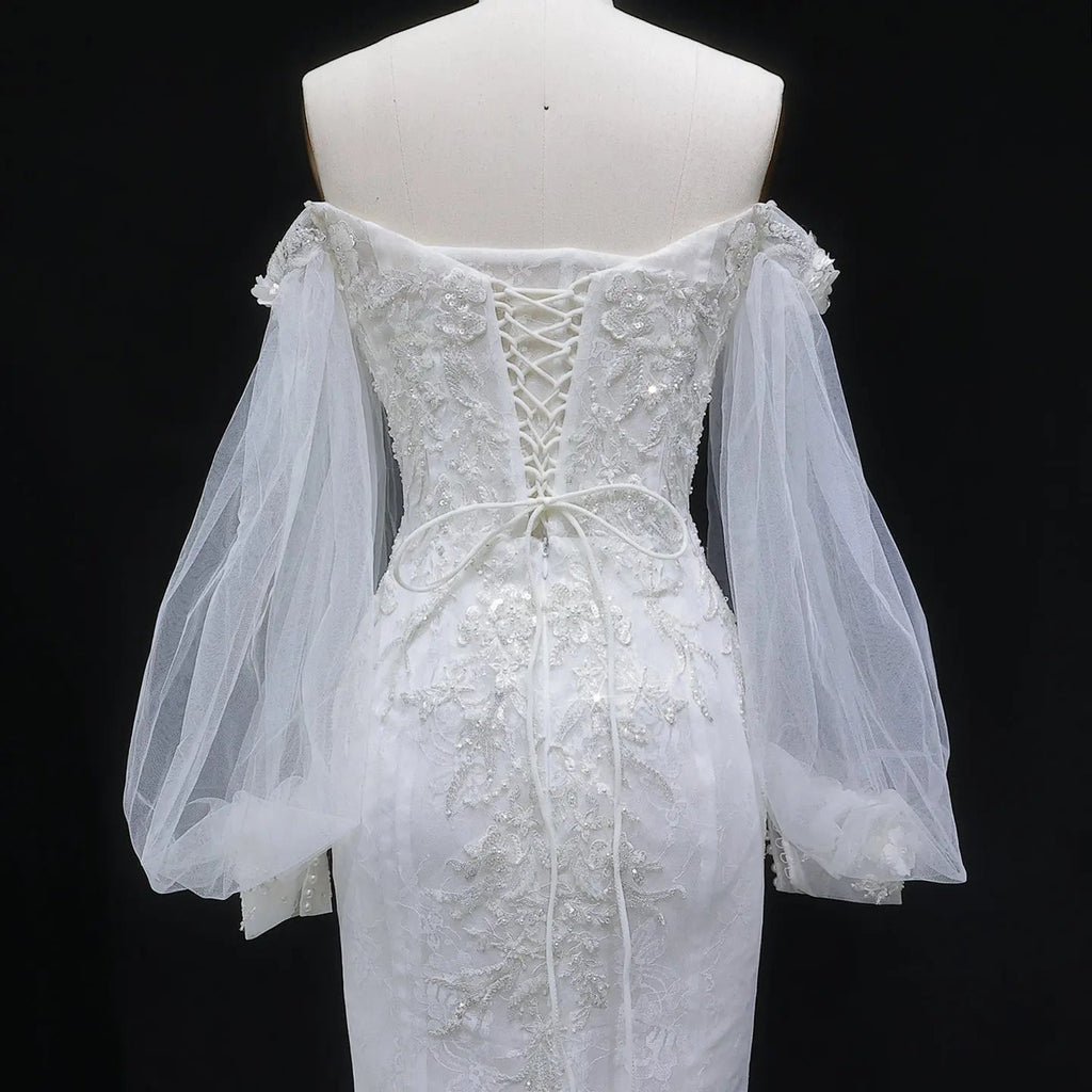 White  Off‑The‑Shoulder Puff Sleeve 3D Floral Mermaid Wedding Dress SW630