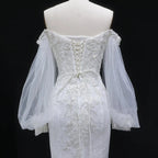 White  Off‑The‑Shoulder Puff Sleeve 3D Floral Mermaid Wedding Dress SW630