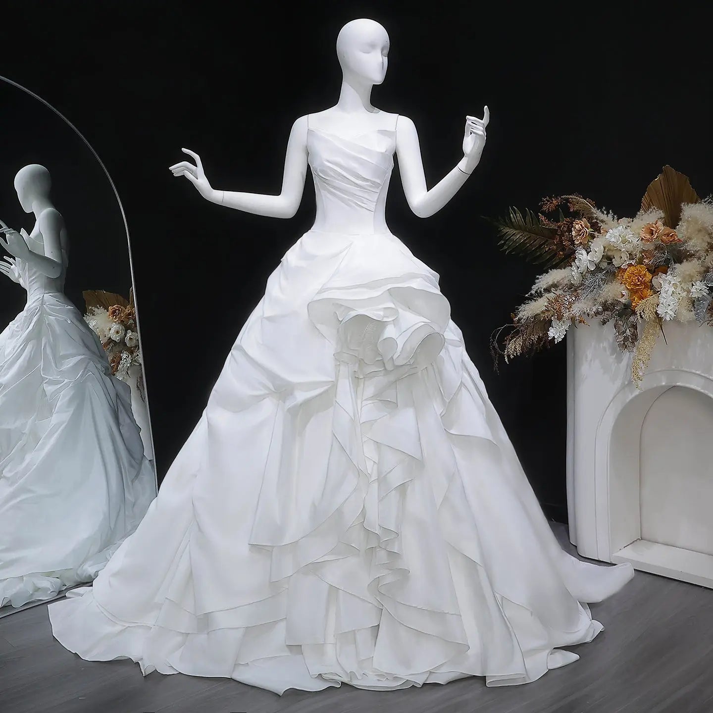 White Ruched Bodice Tiered Voluminous Satin Bridal Gown SW628