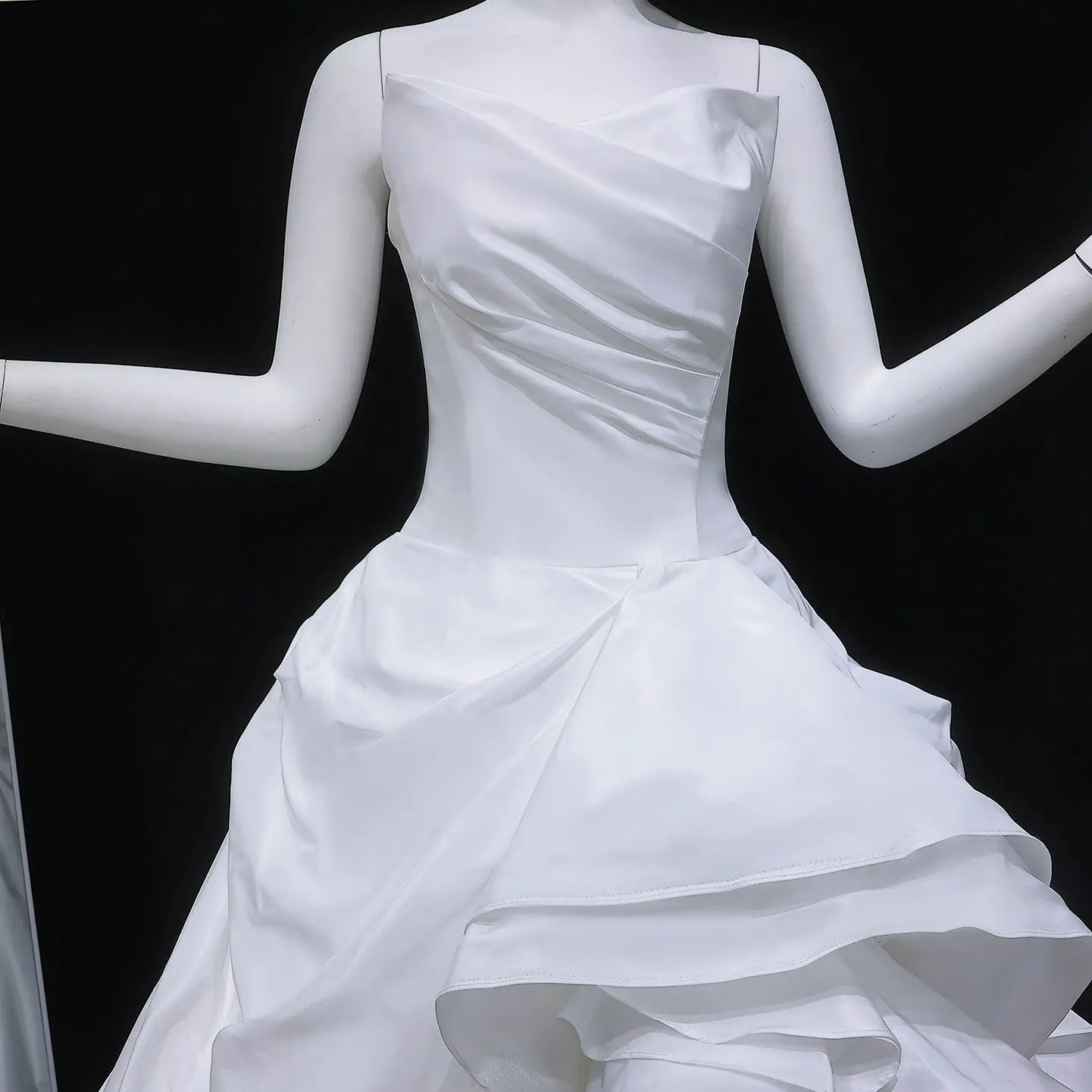 White Ruched Bodice Tiered Voluminous Satin Bridal Gown SW628