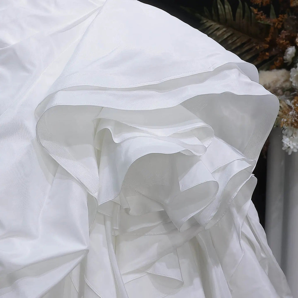 White Ruched Bodice Tiered Voluminous Satin Bridal Gown SW628