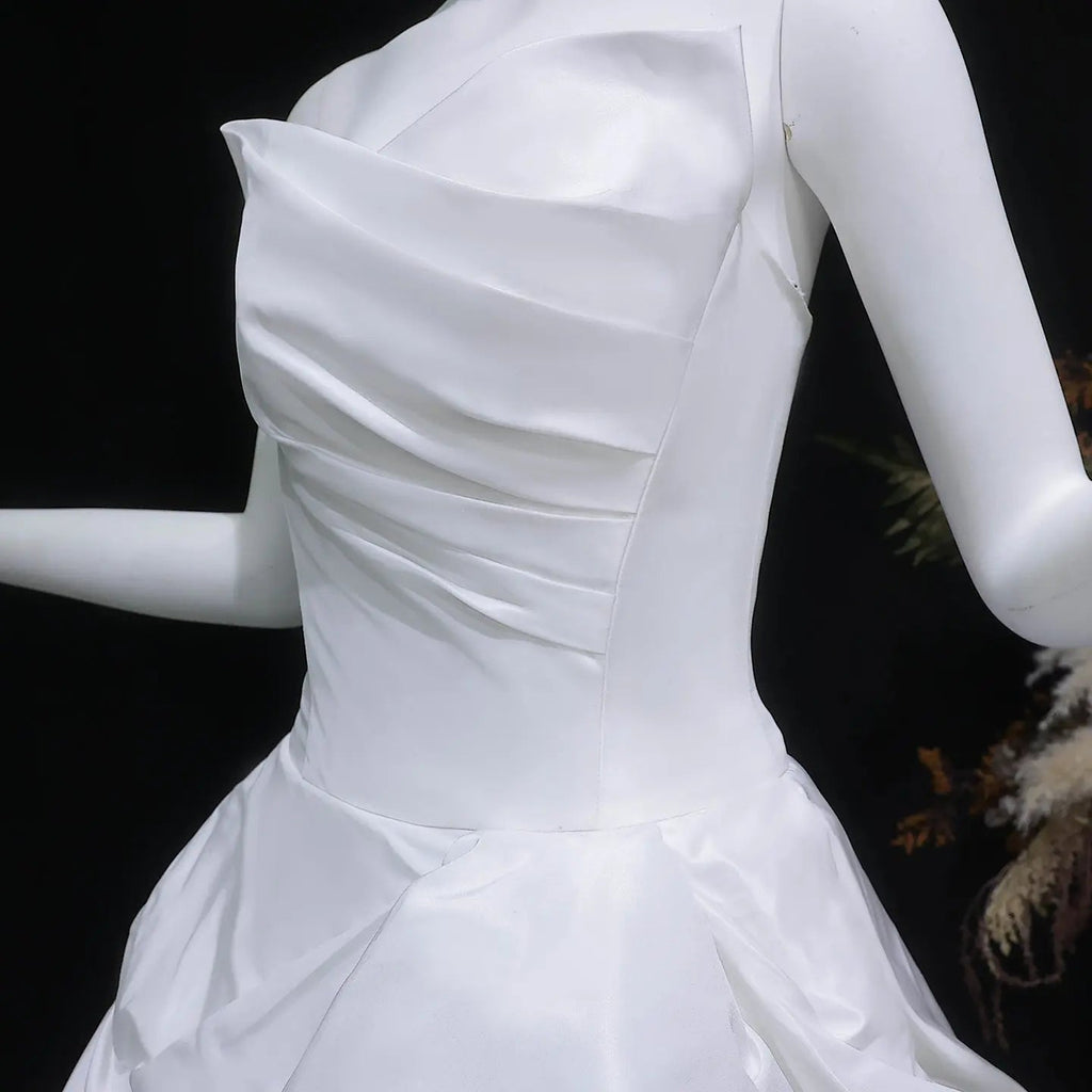 White Ruched Bodice Tiered Voluminous Satin Bridal Gown SW628