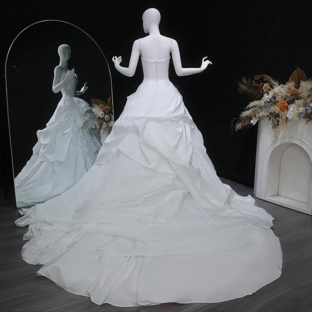 White Ruched Bodice Tiered Voluminous Satin Bridal Gown SW628