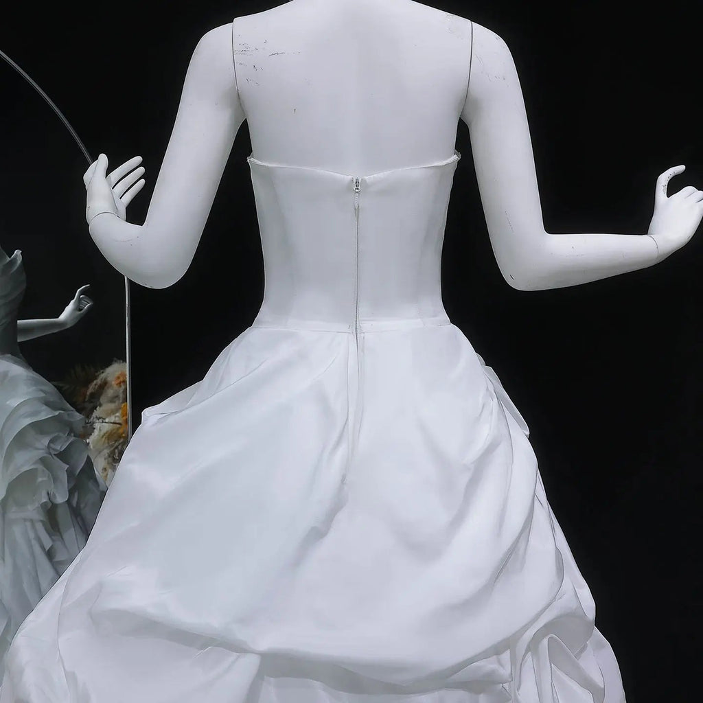 White Ruched Bodice Tiered Voluminous Satin Bridal Gown SW628