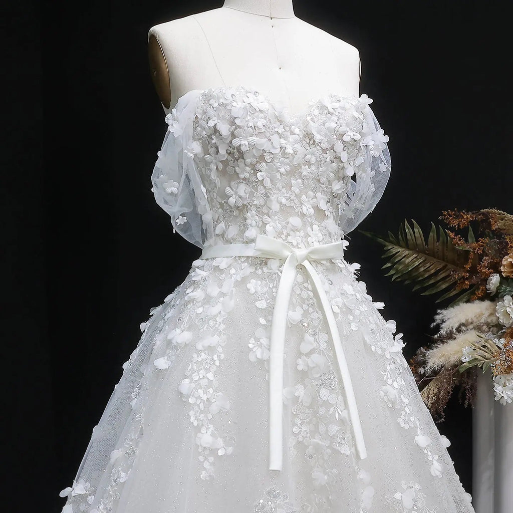 White 3D Floral Applique Sweetheart Ball Gown Wedding Dress SW629