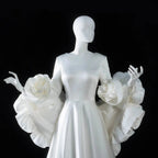 Ivory  Romantic A-Line Satin Wedding Dress 3D Rose Floral With Veil  SW661