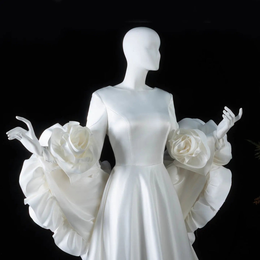 Ivory  Romantic A-Line Satin Wedding Dress 3D Rose Floral With Veil  SW661