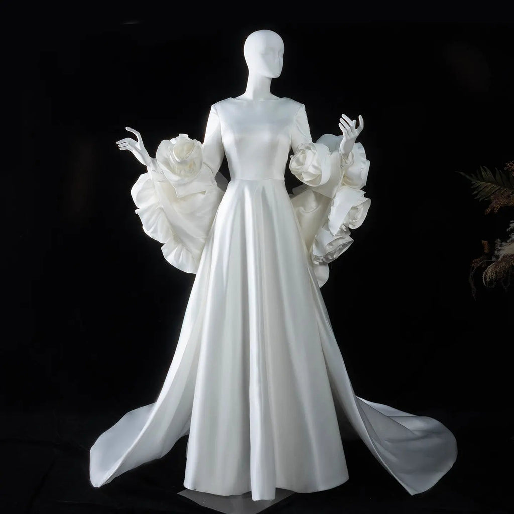 Ivory  Romantic A-Line Satin Wedding Dress 3D Rose Floral With Veil  SW661