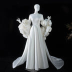 Ivory  Romantic A-Line Satin Wedding Dress 3D Rose Floral With Veil  SW661
