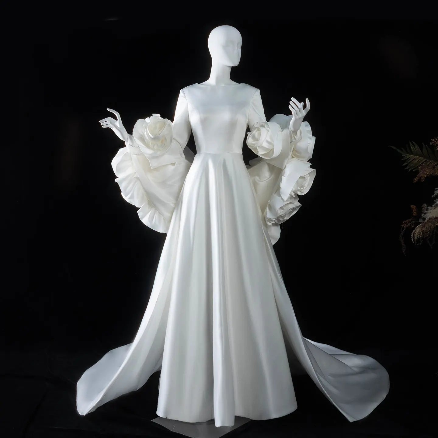 Ivory  Romantic A-Line Satin Wedding Dress 3D Rose Floral With Veil  SW661