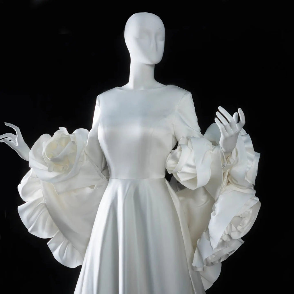 Ivory  Romantic A-Line Satin Wedding Dress 3D Rose Floral With Veil  SW661