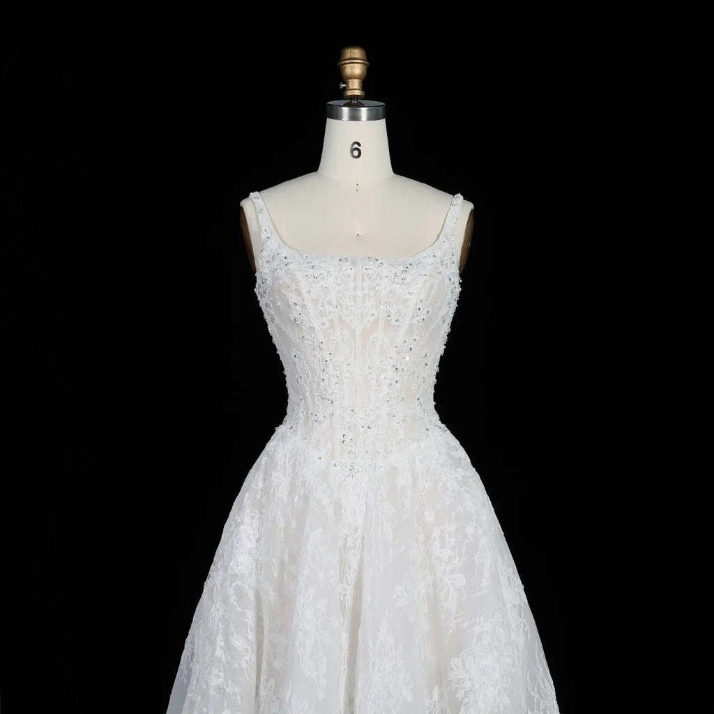 White Lace Spaghetti Strap Bridal Gown Square Neck Beaded Corset Ball Gown SW612